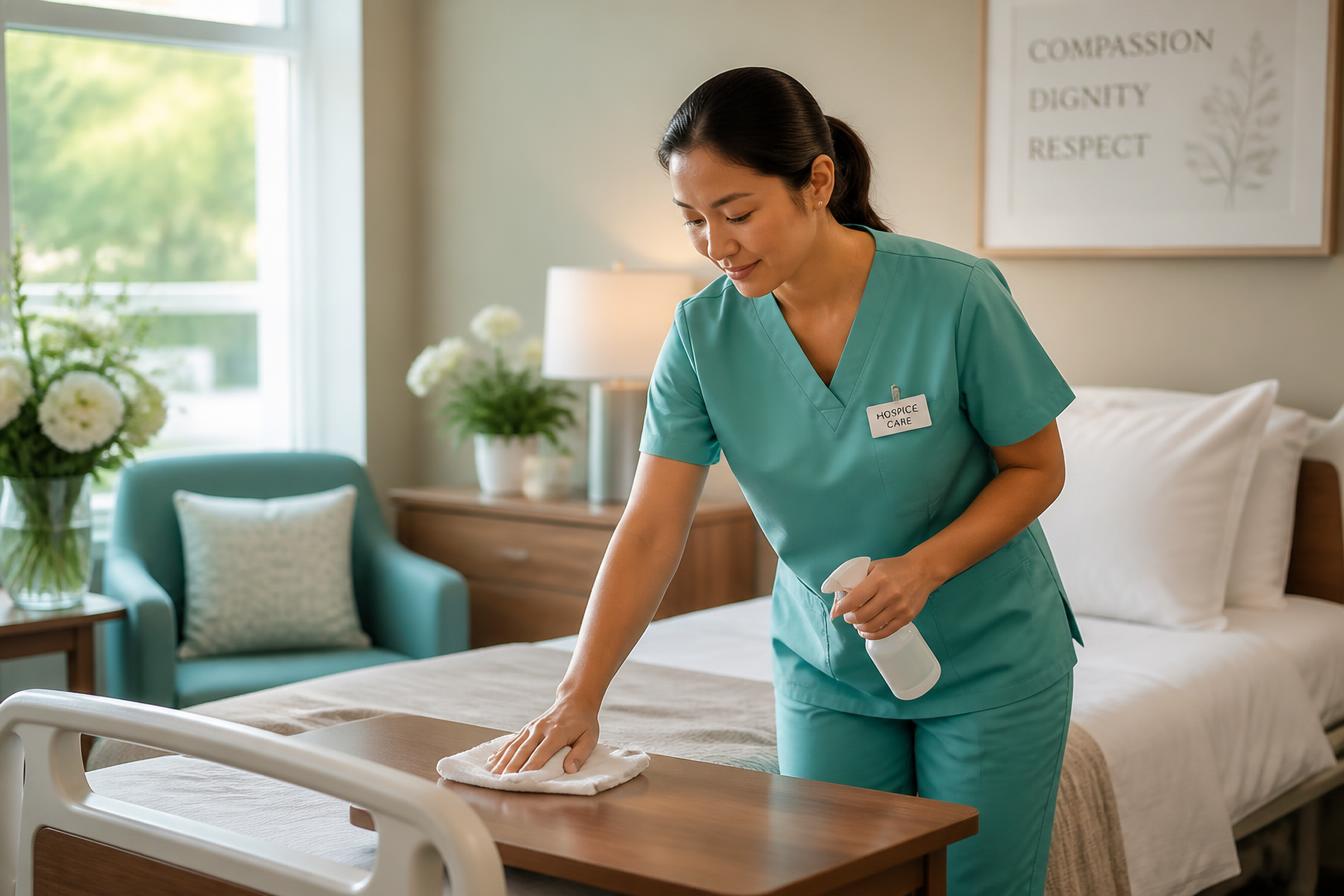 Caregiver gently cleaning a hospice patient room